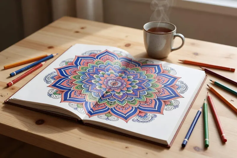 Un livre de coloriage avec un mandala colorié posé à côté d'une tasse de thé fumante