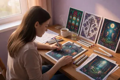 Illustration d'une jeune femme en train de colorier avec des feutres alcools