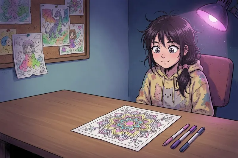 Manga style illustration of a serene colorist who finished her mandala with satisfaction