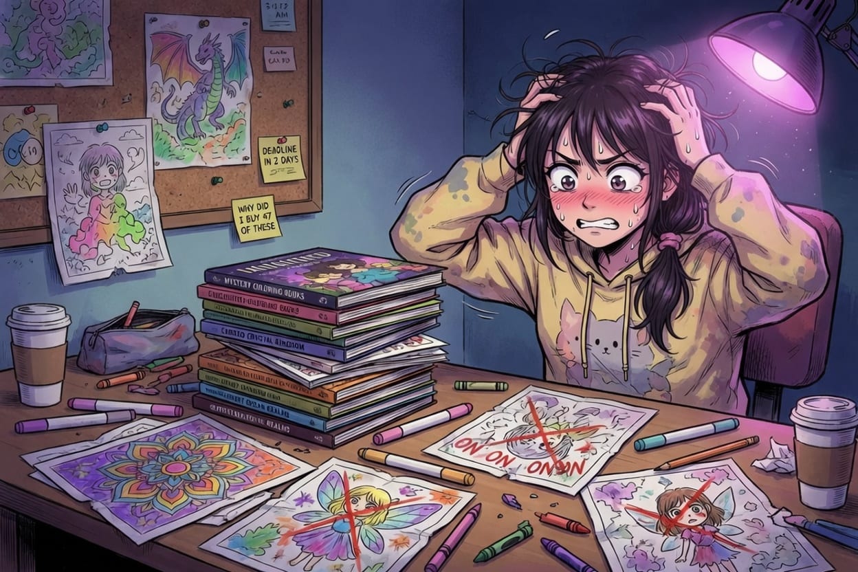 Manga illustration of a girl stressed by her coloring