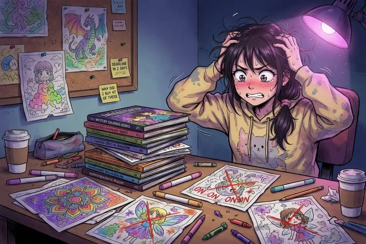 Manga illustration of a girl stressed by her coloring