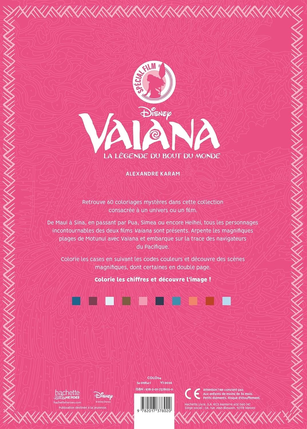 Quatrième de couverture de la nouvelle édition augmentée des Coloriages Mystères Disney Vaiana