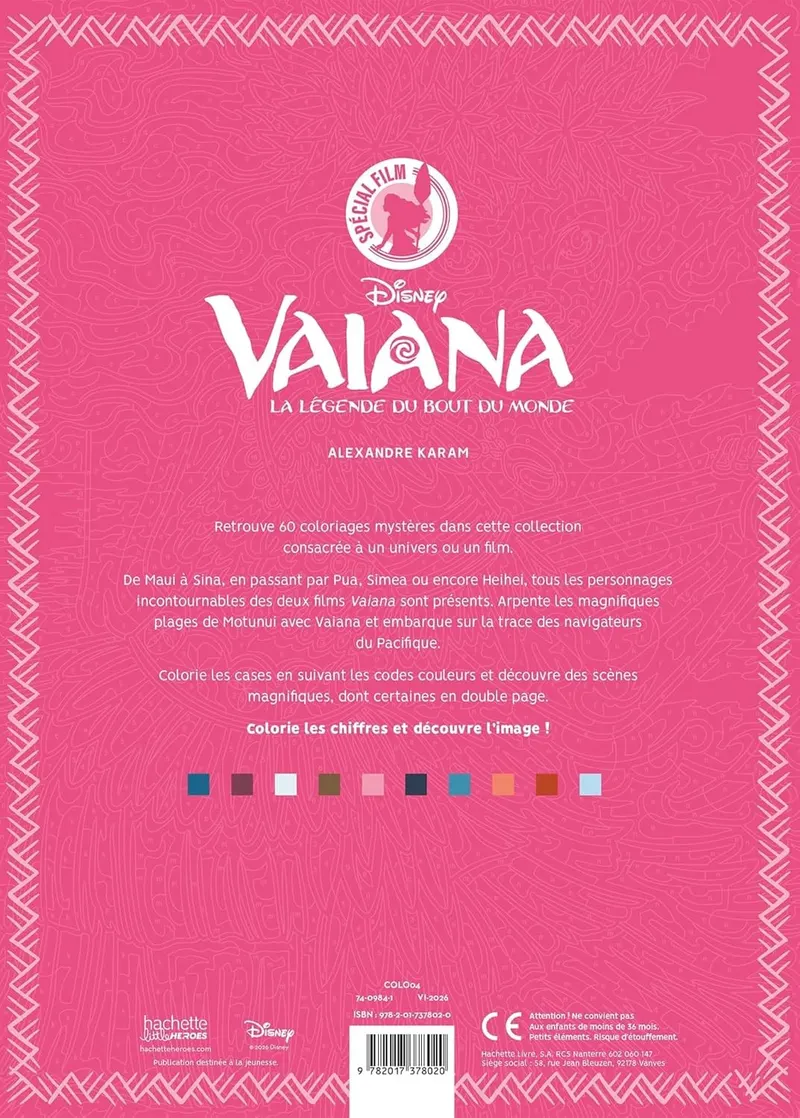 Quatrième de couverture de la nouvelle édition augmentée des Coloriages Mystères Disney Vaiana