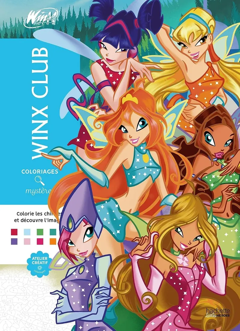 Front cover of the Winx Club mystery coloring book by Hachette Heroes