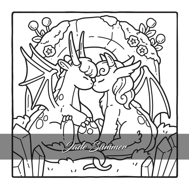 Detailed sample page from the Cosy Romantasy coloring book by Jade Summer