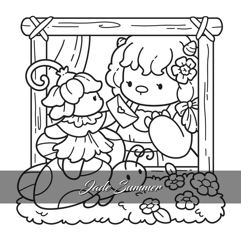 Sample page from Cosy Romantasy, cozy fantasy artwork to colour