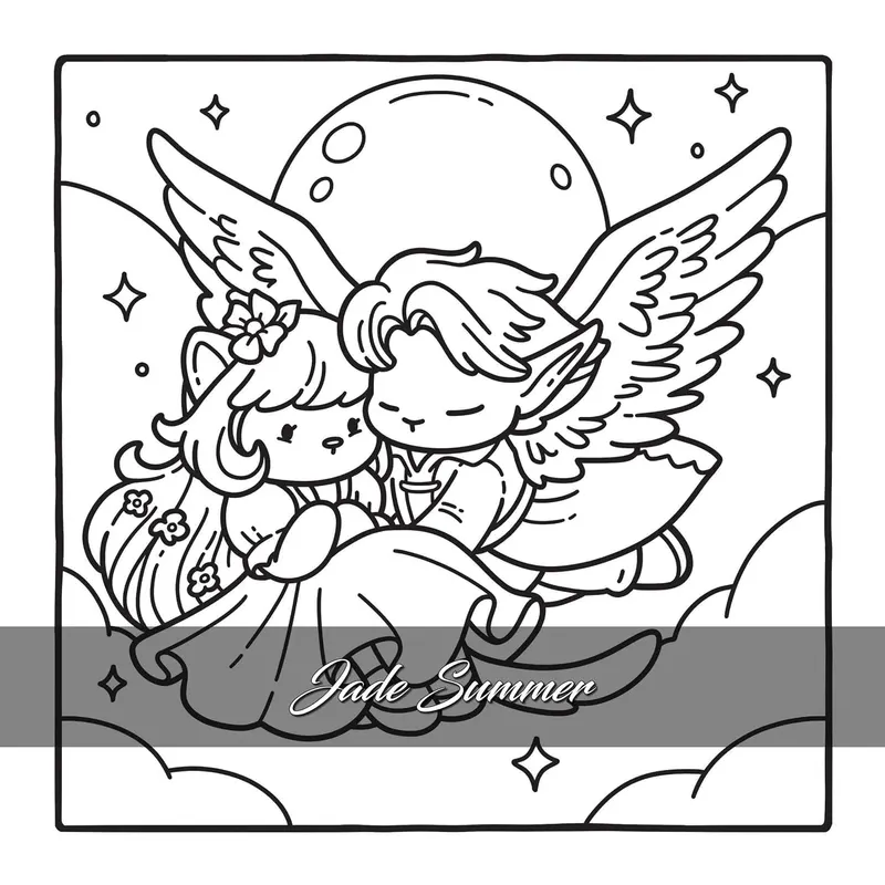 Sample page from the Cosy Romantasy coloring book by Jade Summer, romantic fantasy design