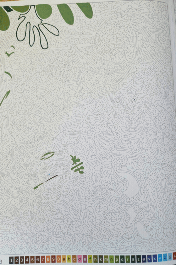 Progression du coloriage page 83, des premiers aplats verts jusqu'aux contours
