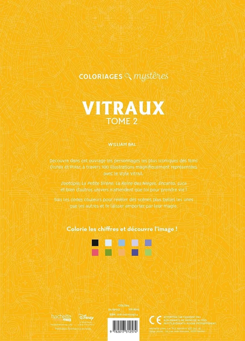 Quatrième de couverture du tome 2 des Coloriages Mystères Disney Vitraux