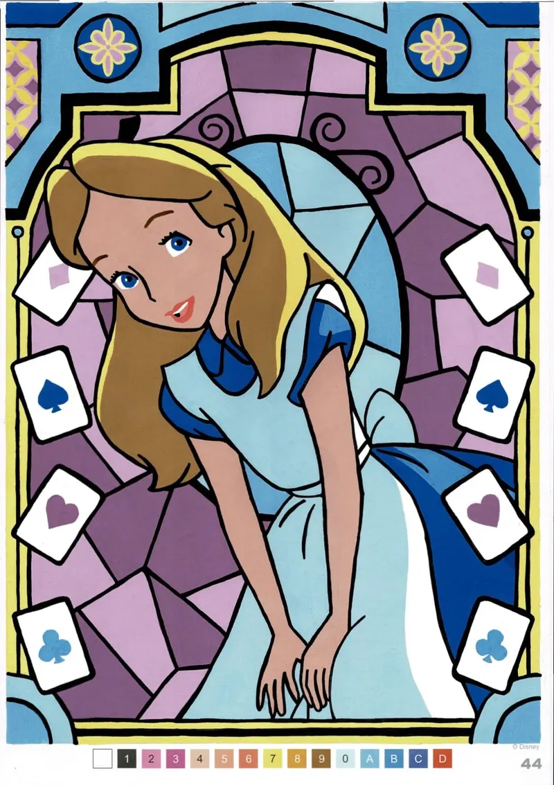 Le coloriage d'Alice terminé, page 44 du tome 2, réalisé aux feutres acryliques Tooli Art