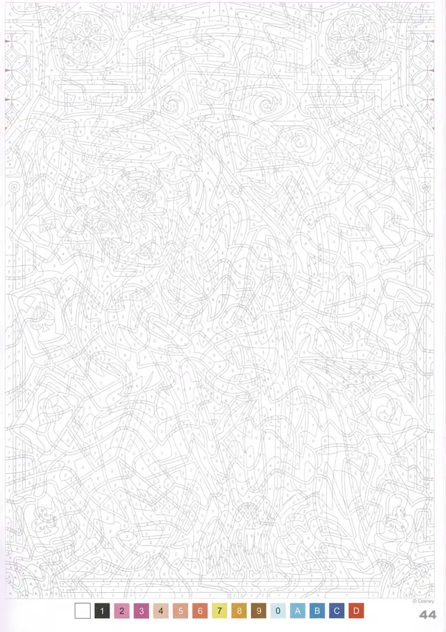 Progression du coloriage d'Alice, page 44 du tome 2 des Vitraux, du début aux trois quarts