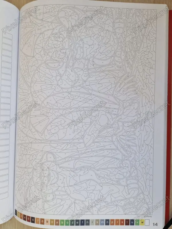 Exemple de page de coloriage mystère du livre Le Roi Lion, avec de grandes zones numérotées bien délimitées