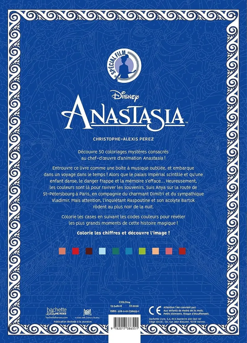 Quatrième de couverture du livre de coloriages mystères Anastasia de Hachette Heroes
