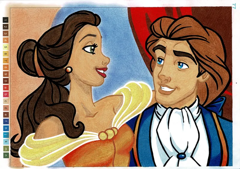 Coloriage mystere de Belle et le prince colorie aux crayons Faber-Castell Polychromos