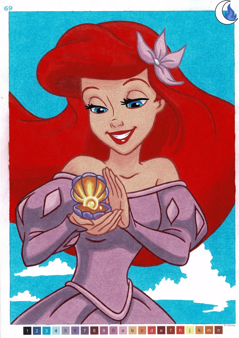 Coloriage mystere d'Ariel et son coquillage colorie aux crayons Prismacolor Premier