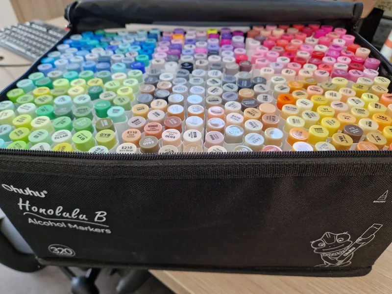 Trousse Ohuhu Honolulu B ouverte avec les 320 feutres à alcool rangés par famille de couleurs