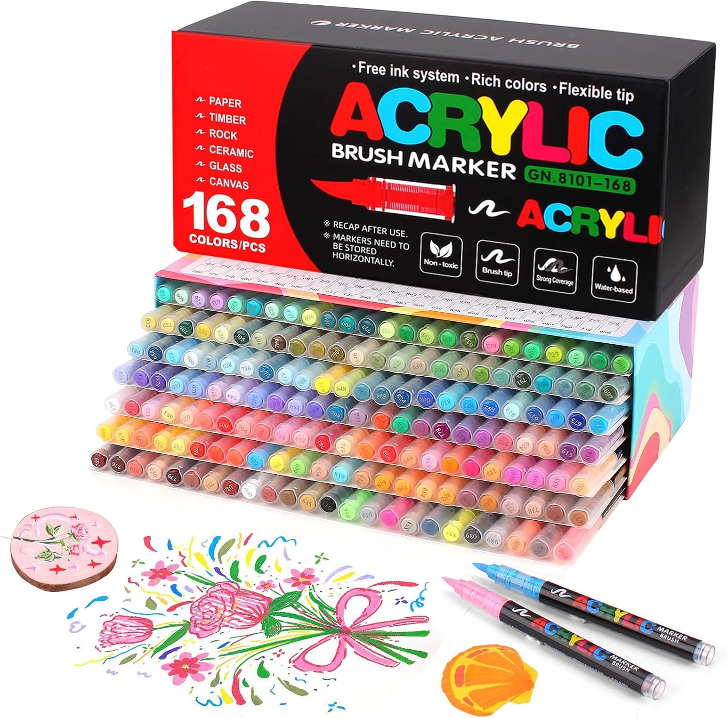 Set de 168 feutres acryliques GuangNa Acrylic Brush Marker dans sa boite ouverte